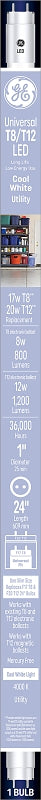 GE GE 37151 Linear Bulb, T8 Lamp, 20 W Equivalent, Bi-Pin Lamp Base, Frosted, Cool White Light, 4000 K Color Temp ELECTRICAL GE