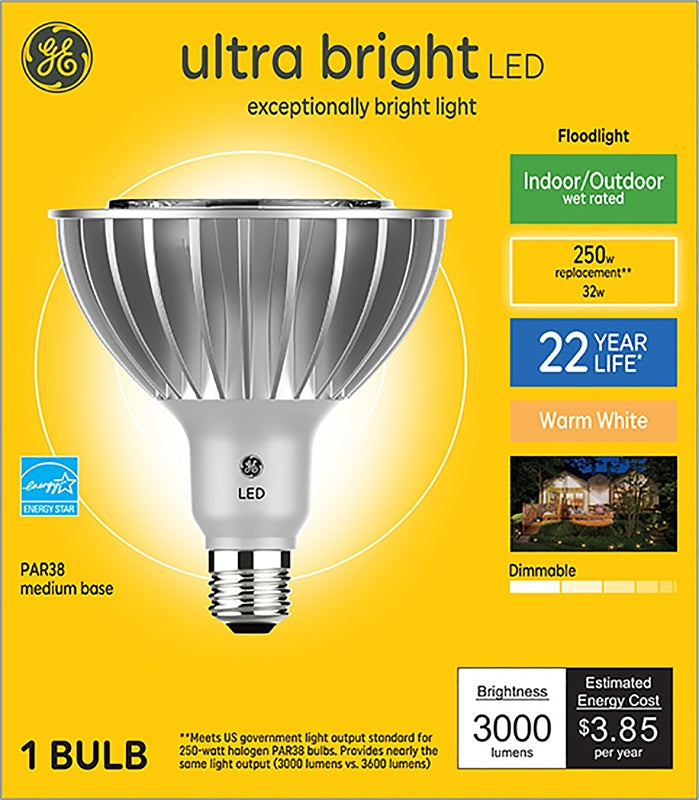 GE GE 37667 LED Bulb, Flood/Spotlight, PAR38 Lamp, 250 W Equivalent, E26 Lamp Base, Dimmable, Warm White Light