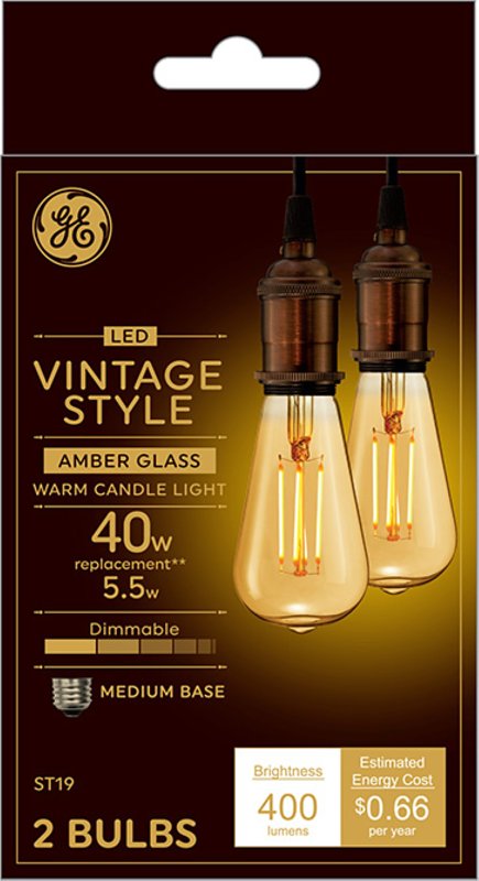 GE GE 42194 Light Bulb, Vintage, ST19 Lamp, 40 W Equivalent, Medium (E26) Lamp Base, Dimmable, Amber, Warm White Light