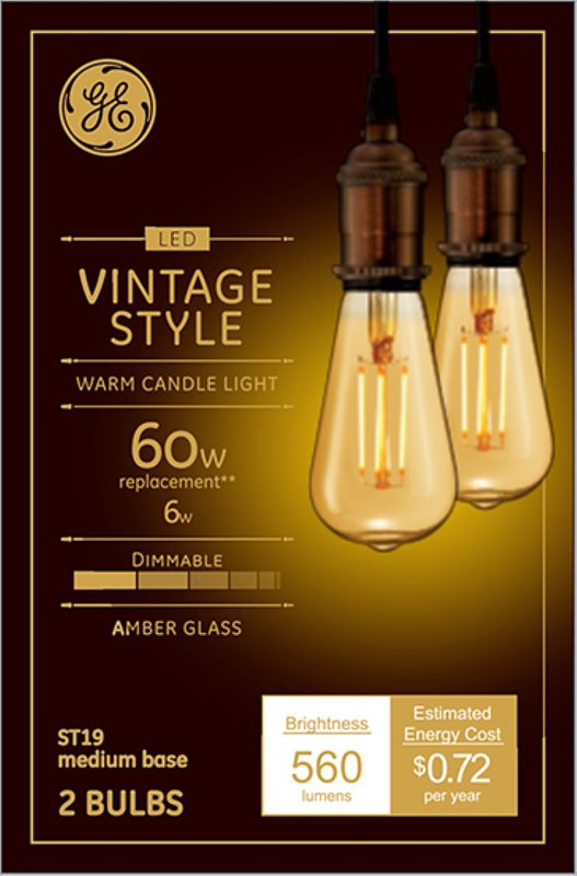 GE GE 42200 Replacement Bulb, Decorative, Vintage, ST19 Lamp, 60 W Equivalent, Medium (E26) Lamp Base, Dimmable, Amber ELECTRICAL GE