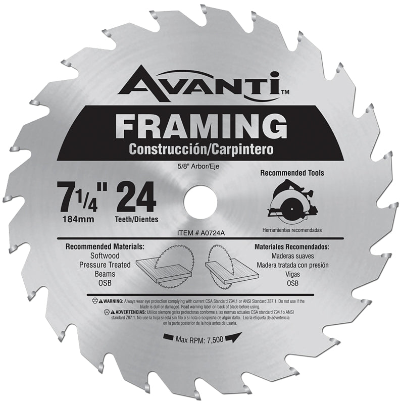 AVANTI Avanti A0724A Circular Saw Blade, 7-1/4 in Dia, 24-Teeth, 5/8 in Arbor, Carbide Cutting Edge TOOLS AVANTI