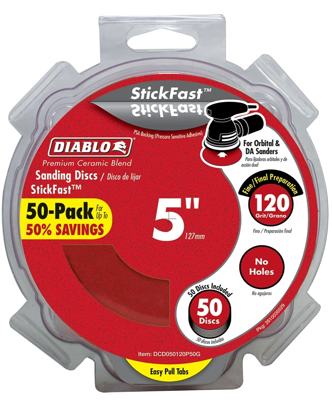 DIABLO Diablo DCD050120P50G Sanding Disc, 5 in Dia, 120 Grit, Fine, Ceramic Abrasive, Pressure-Sensitive Adhesive Backing TOOLS DIABLO