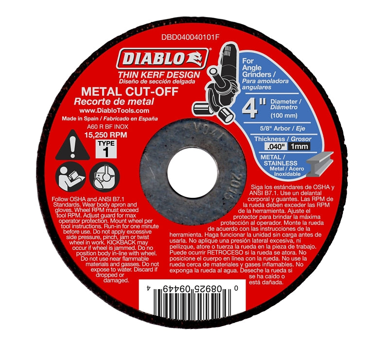 DIABLO Diablo DBD040040101F Cut-Off Wheel, 4 in Dia, 0.04 in Thick, 5/8 in Arbor, Aluminum Oxide Abrasive TOOLS DIABLO