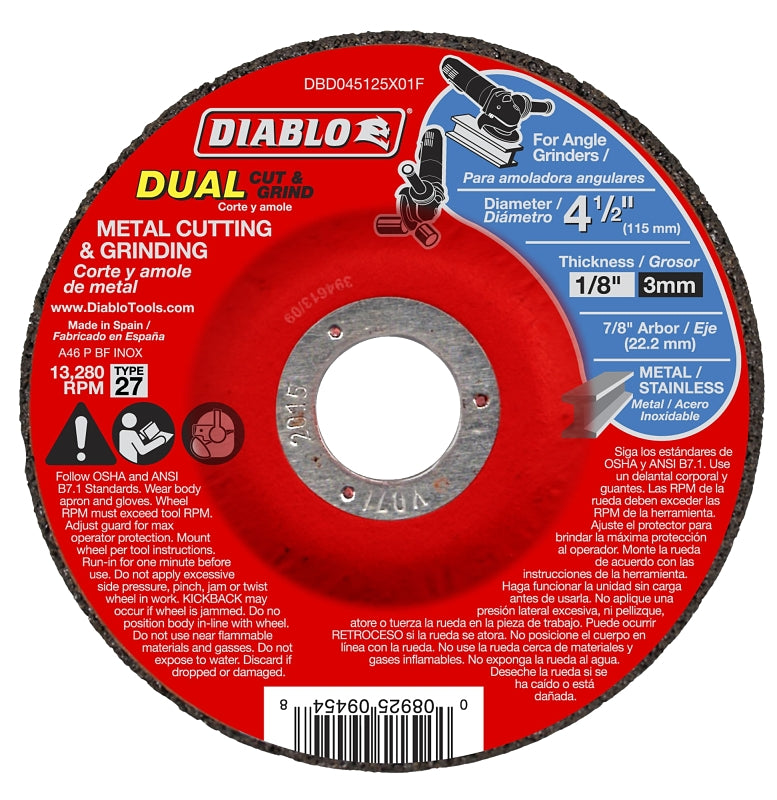 DIABLO Diablo DBD045125X01F Cut and Grind Wheel, 4-1/2 in Dia, 1/8 in Thick, 7/8 in Arbor, Aluminum Oxide Abrasive TOOLS DIABLO