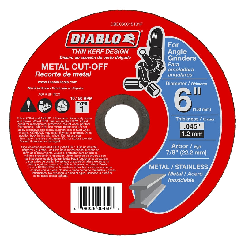 DIABLO Diablo DBD060045101F Cut-Off Wheel, 6 in Dia, 0.04 in Thick, 7/8 in Arbor, Aluminum Oxide Abrasive TOOLS DIABLO