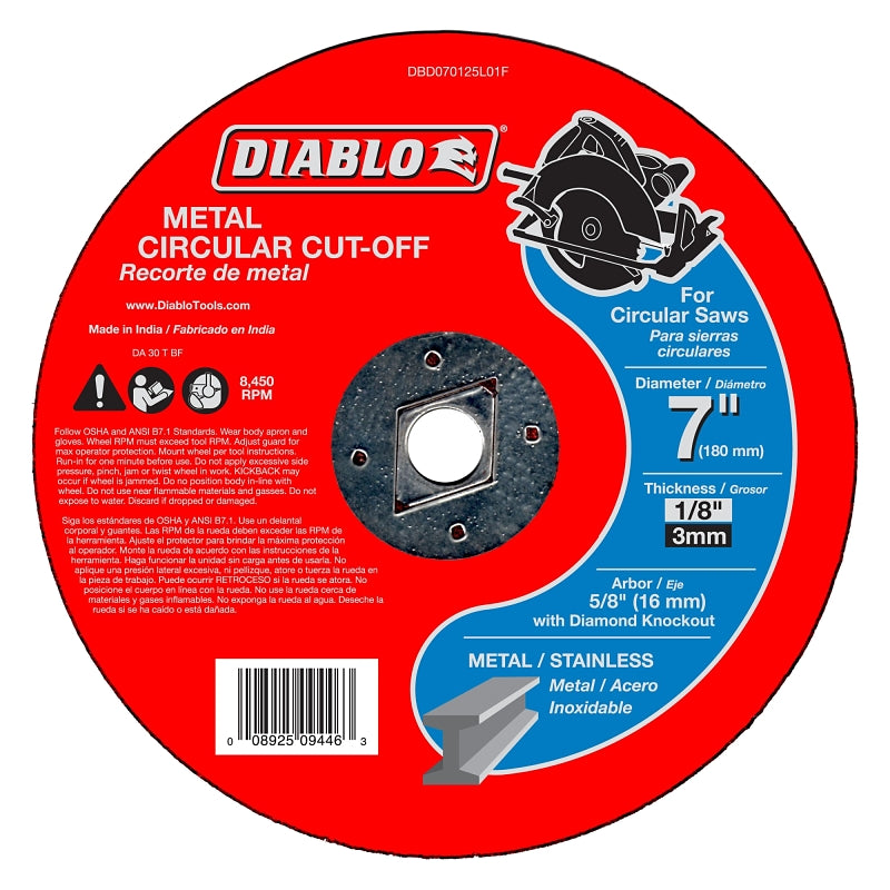 DIABLO Diablo DBD070125L01F Cut-Off Wheel, 7 in Dia, 1/8 in Thick, Aluminum Oxide Abrasive, 5/8 in Arbor