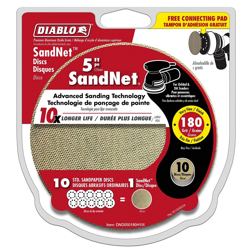 DIABLO Diablo DND050180H10I Sanding Disc, 5 in Dia, 180 Grit, Very Fine, Aluminum Oxide Abrasive, Universal, 10/PK TOOLS DIABLO