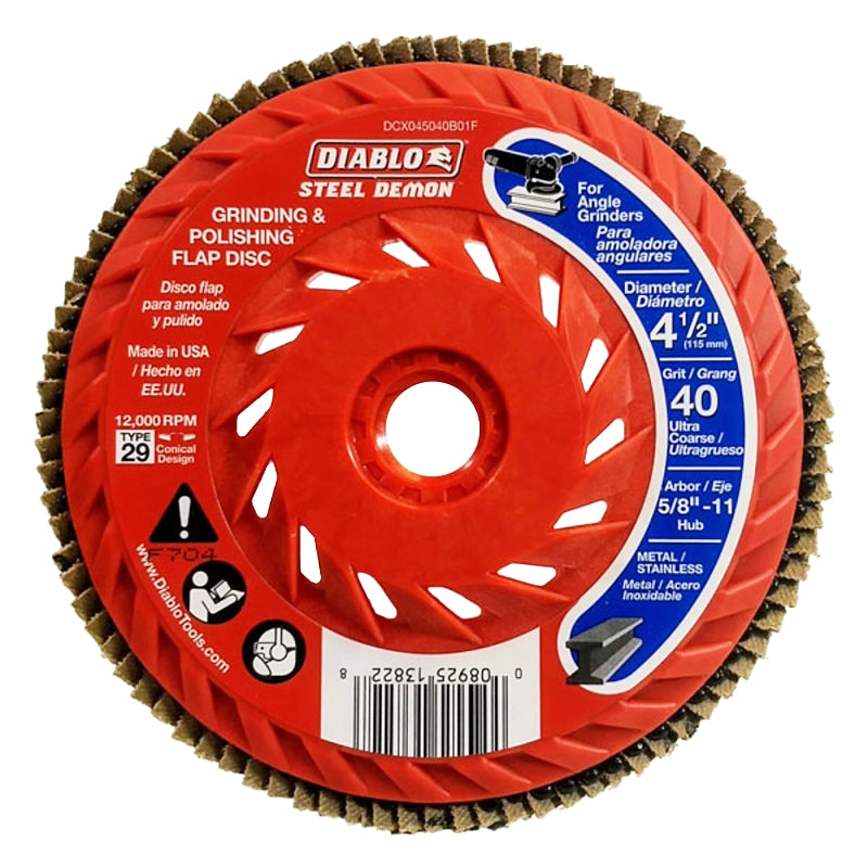 DIABLO Diablo Steel Demon DCX045040B01F Flap Disc, 4-1/2 in Dia, 5/8-11 Arbor, 40 Grit, Ultra Coarse, Zirconium Abrasive TOOLS DIABLO