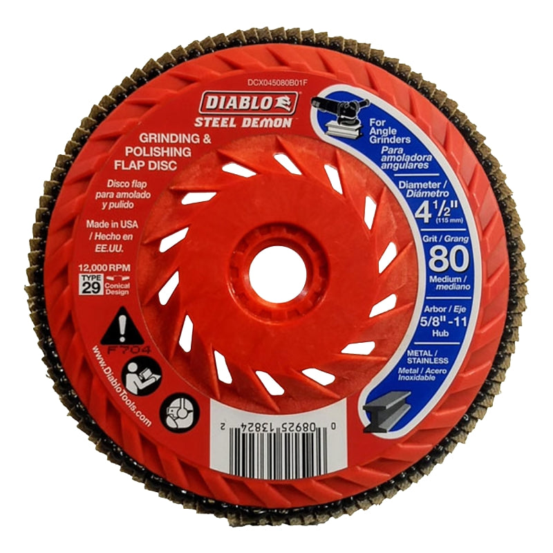 DIABLO Diablo Steel Demon DCX045080B01F Flap Disc, 4-1/2 in Dia, 5/8-11 Arbor, 80 Grit, Medium, Zirconium Abrasive TOOLS DIABLO