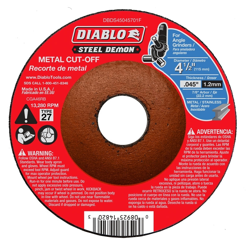 DIABLO Diablo Steel Demon DBDS45045701F Cut-Off Disc, 4-1/2 in Dia, 0.045 in Thick, 7/8 in Arbor, Ceramic Abrasive, 1/PK TOOLS DIABLO