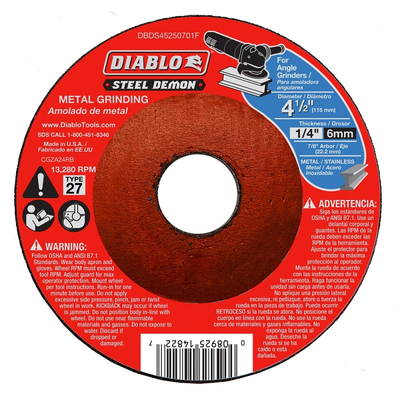 DIABLO Diablo Steel Demon DBDS45250701F Grinding Disc, 4-1/2 in Dia, 1/4 in Thick, 7/8 in Arbor, Ceramic Abrasive TOOLS DIABLO