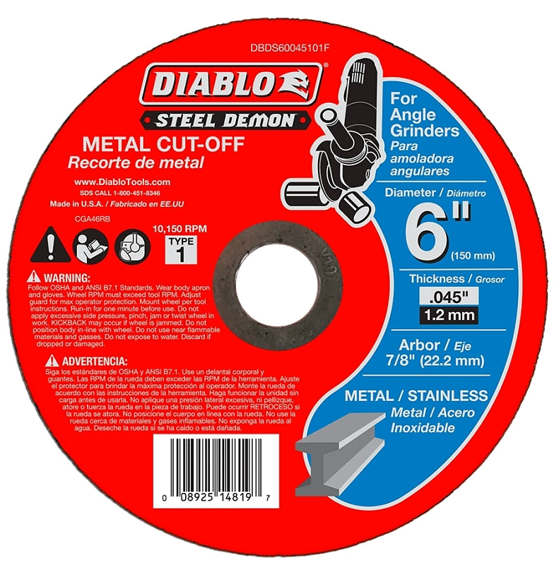 DIABLO Diablo Steel Demon DBDS60045101F Type-1 Cut-Off Disc, 6 in Dia, 0.045 in Thick, 7/8 in Arbor, Ceramic Abrasive TOOLS DIABLO