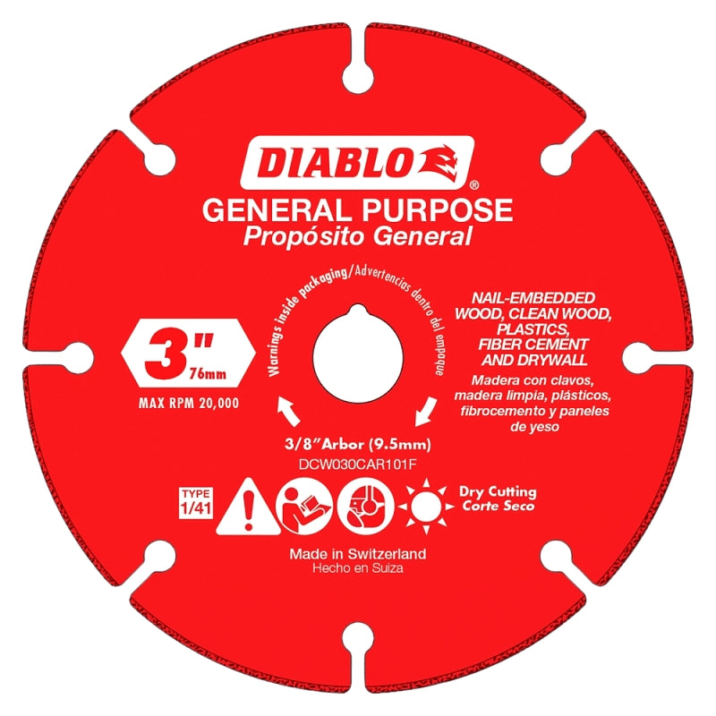 DIABLO Diablo DCW030CAR101F Cut-Off Wheel, 3 in Dia, 1.8 mm Thick, 3/8 in Arbor, Carbide Abrasive TOOLS DIABLO