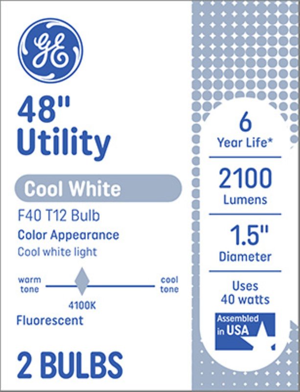 GE GE 66651 Light Bulb, 4100 K Color Temp, Cool White, 2100 Lumens, 40 W, T12 Lamp, G13 Medium Bi-Pin Lamp Base