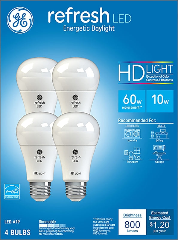 GE GE 96708 LED Bulb, 800 Lumens, 10 W, A19 Lamp, 60 W Equivalent, E26 Lamp Base, Dimmable, Daylight ELECTRICAL GE