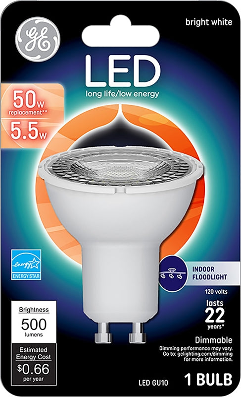 GE GE 93120809 Floodlight Bulb, MR16 Lamp, 50 W Equivalent, GU10 Lamp Base, Dimmable, White, Bright White Light