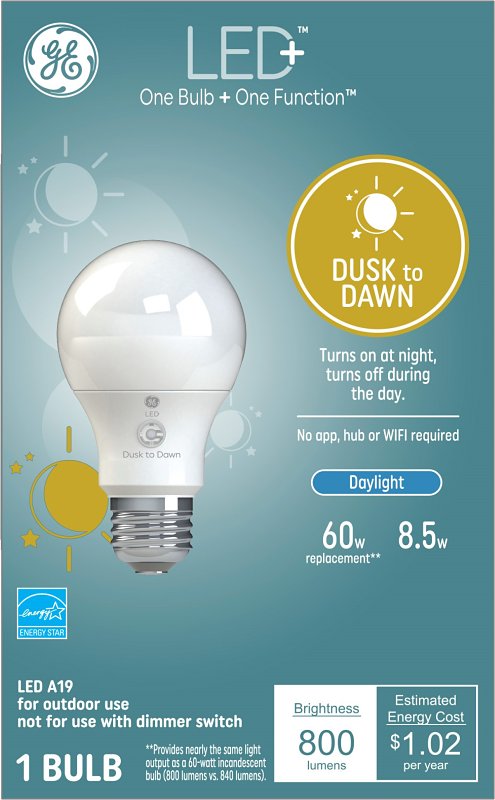 GE GE LED+ 93121487 Dusk To Dawn Light Bulb, General-Purpose, A19 Lamp, 60 W Equivalent, Medium (E26) Lamp Base ELECTRICAL GE