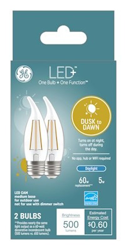 GE GE LED+ 93121494 Dusk To Dawn Light Bulb, 500 Lumens, 5 W, CAM Lamp, 60 W Equivalent, Medium (E26) Lamp Base, Dimmable ELECTRICAL GE