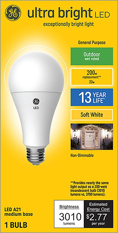 GE GE Ultra Bright 93128933 Light Bulb, A21 Lamp, 200 W Equivalent, Medium (E26) Lamp Base, Non-Dimmable, Soft White Light