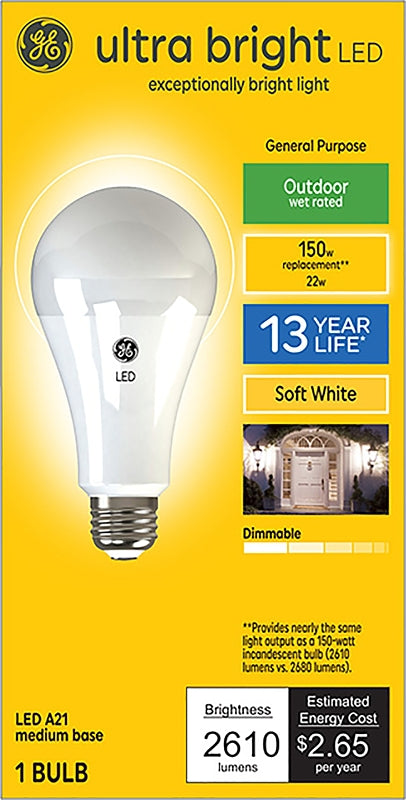 GE GE Ultra Bright 93129366 Light Bulb, A23 Lamp, 150 W Equivalent, Medium (E26) Lamp Base, Dimmable, Soft White Light ELECTRICAL GE