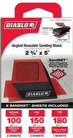 DIABLO Diablo SandNET DFB234ANGH01G Reusable Angled Hand Sanding Block, 2-3/4 in L, 5 in W, 80, 120, 220 Grit, Multi-Grade PAINT DIABLO