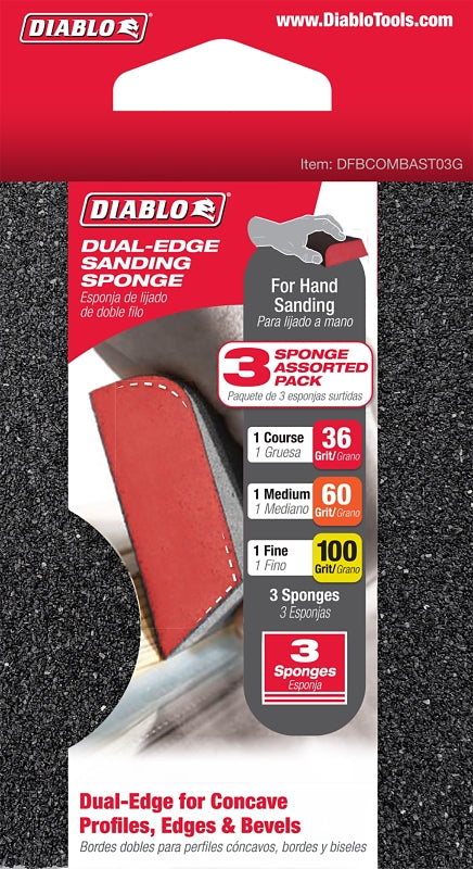 DIABLO Diablo DFBCOMBAST03G Sanding Sponge Assortment, 4 in L, 2-1/2 in W, 36, 60, 100 Grit, Fine, Medium, Ultra-Coarse PAINT DIABLO