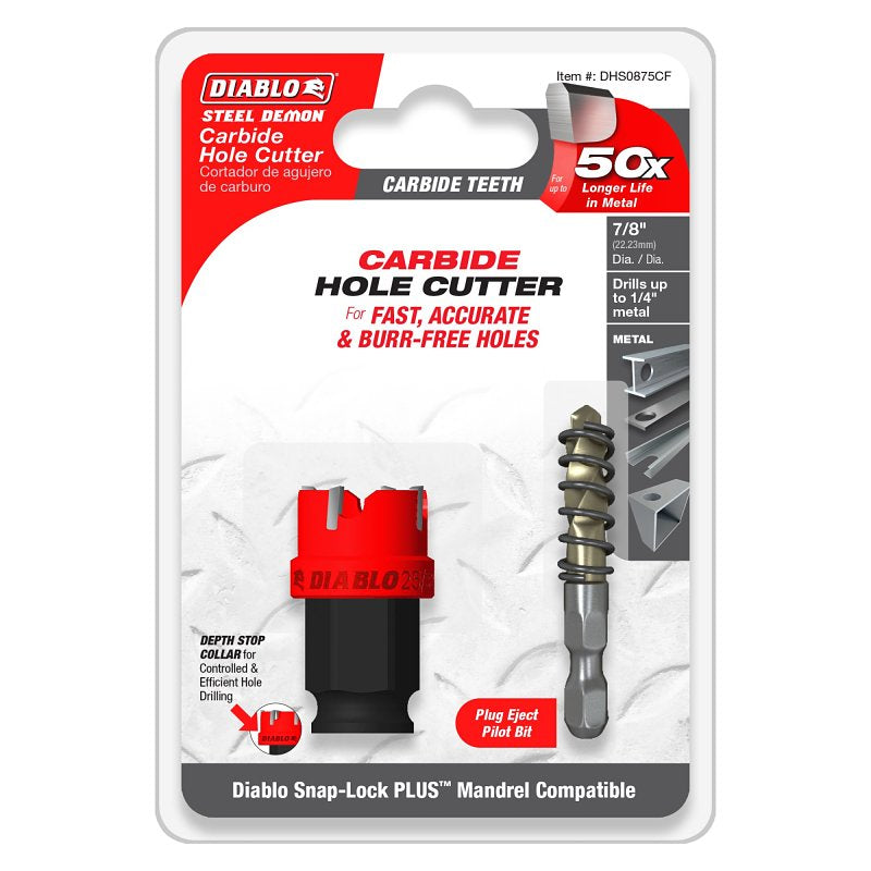 DIABLO Diablo Steel Demon DHS0875CF Hole Cutter, 7/8 in Dia, 1/4 in D Cutting, Carbide Cutting Edge