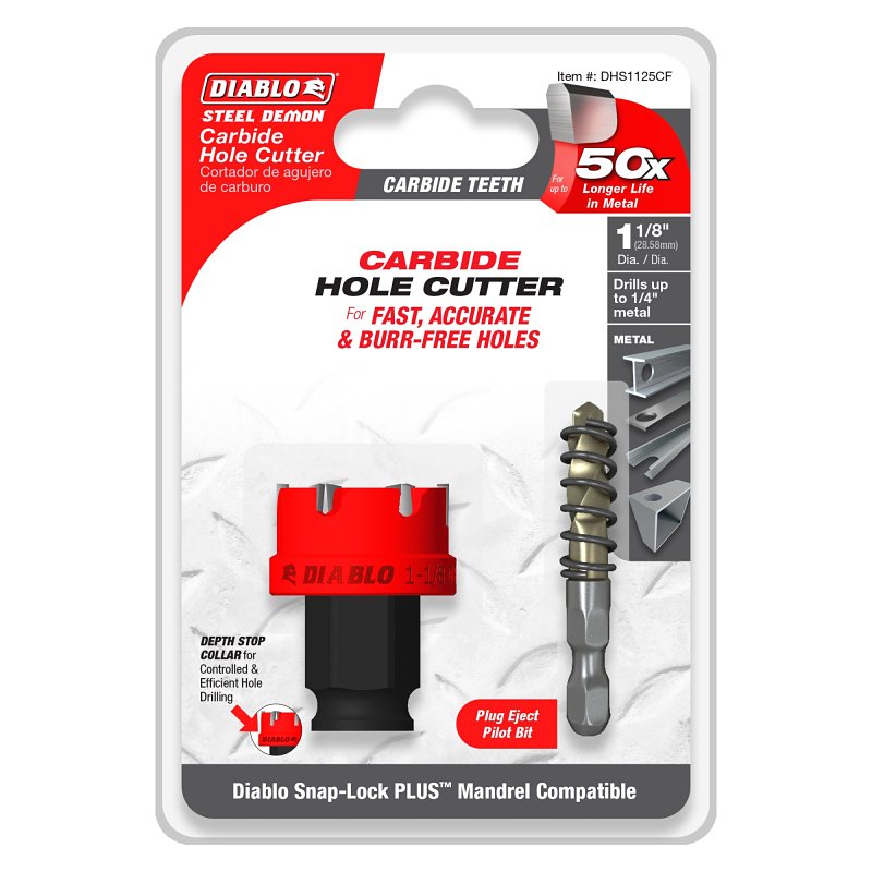 DIABLO Diablo Steel Demon DHS1125CF Hole Cutter, 1-1/8 in Dia, 1/4 in D Cutting, Carbide Cutting Edge