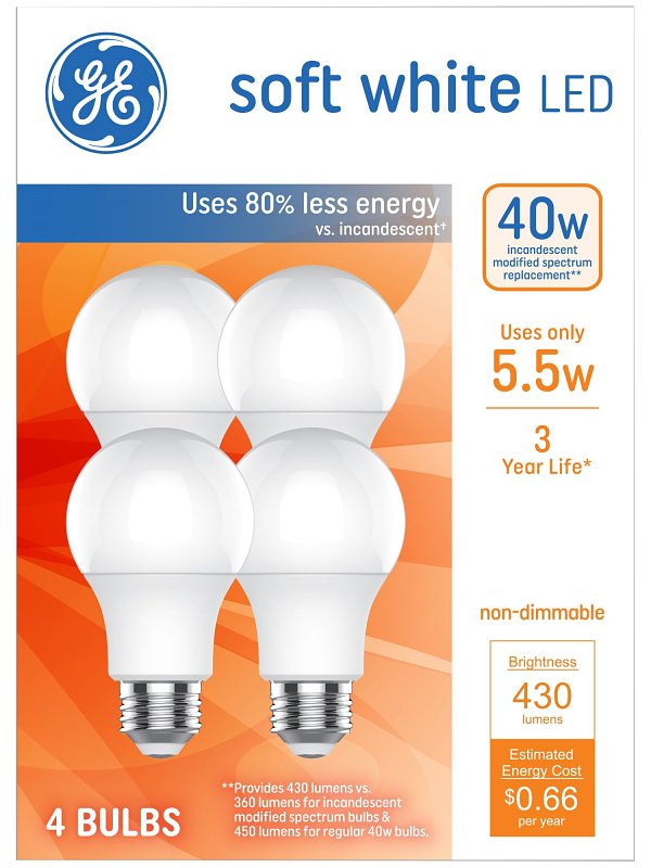 GE GE 93131062 LED Light Bulb, General-Purpose, A19 Lamp, 40 W Equivalent, E26 Medium Lamp Base, Non-Dimmable ELECTRICAL GE