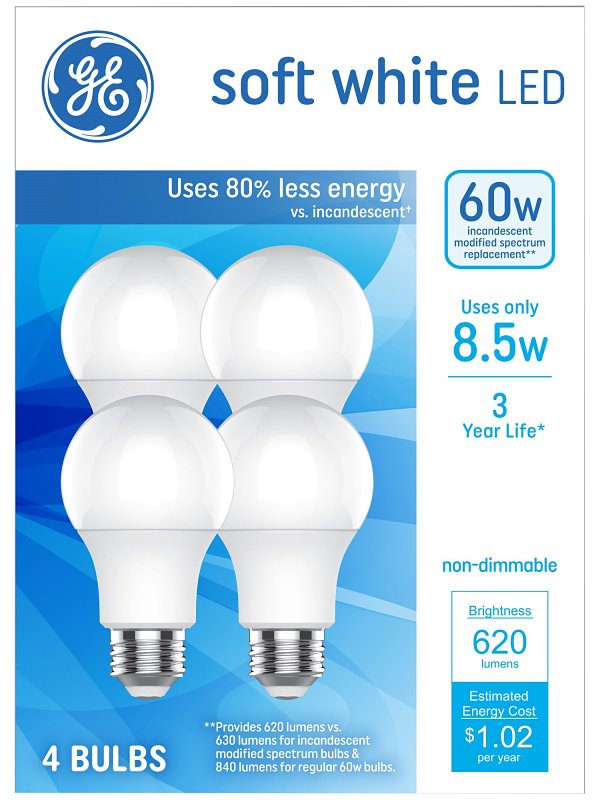GE GE 93131063 LED Light Bulb, General-Purpose, A19 Lamp, 60 W Equivalent, E26 Medium Lamp Base, Non-Dimmable