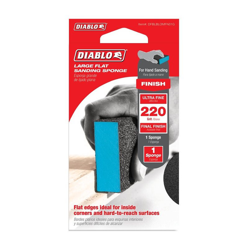 DIABLO Diablo DFBLBLOMFN01G Large Flat Edge Sanding Sponge, 5 in L, 3 in W, 220 Grit, Ultra Fine, Aluminum Oxide Abrasive