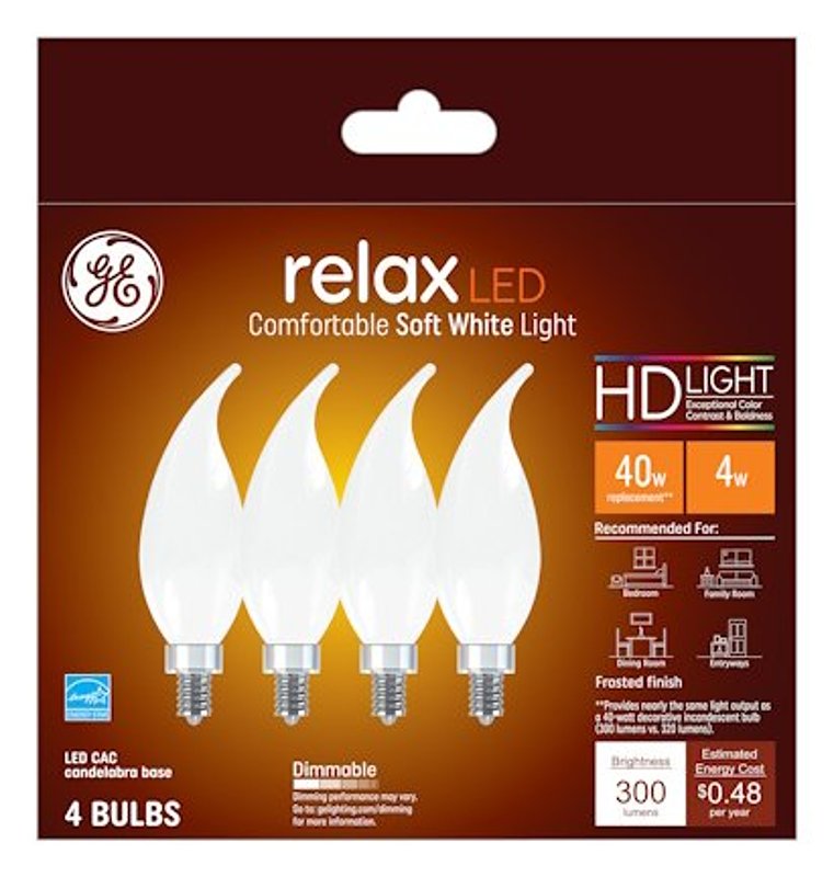 GE GE Industrial Solutions 36985 LED Bulb, Decorative, 300 Lumens, 4 W, CAC Lamp, E12 Lamp Base, Dimmable, Clear ELECTRICAL GE