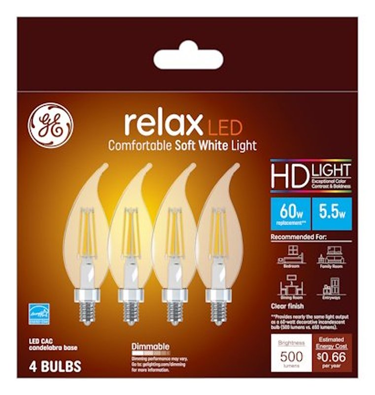 GE GE Industrial Solutions 43227 LED Bulb, 120 V, 500 Lumens, 5.5 W, CAC Lamp, E12 Lamp Base, Dimmable, Clear ELECTRICAL GE