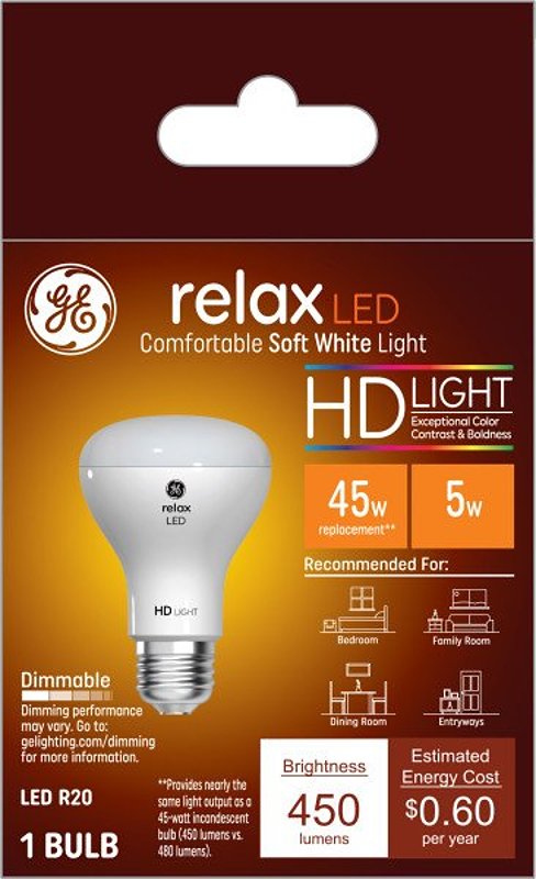 GE GE 45545 LED Bulb, Flood/Spotlight, R20 Lamp, 45 W Equivalent, E26 Lamp Base, Dimmable, White, Soft White Light