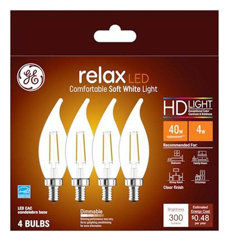 GE GE Industrial Solutions 45640 LED Bulb, Decorative, 300 Lumens, 4 W, CAC Lamp, E12 Lamp Base, Dimmable, Soft White ELECTRICAL GE