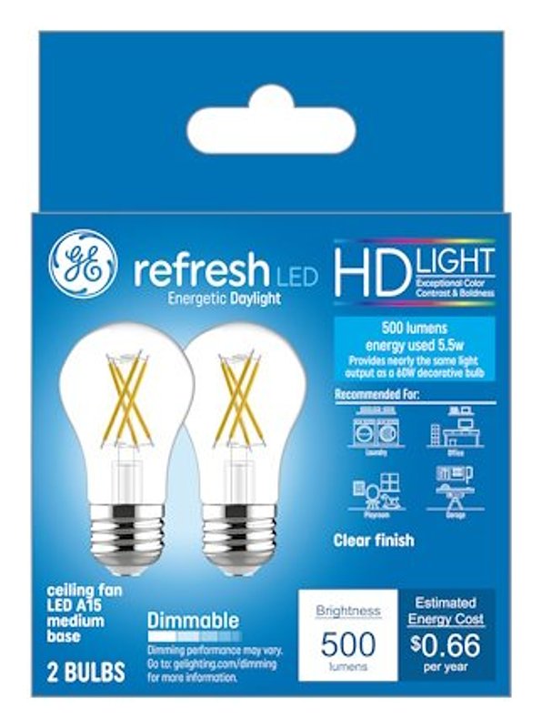 GE GE Refresh Series 46661 Ceiling Fan Light Bulb, High-Definition, A15 Lamp, 60 W Equivalent, Medium Lamp Base, Yes, Clear