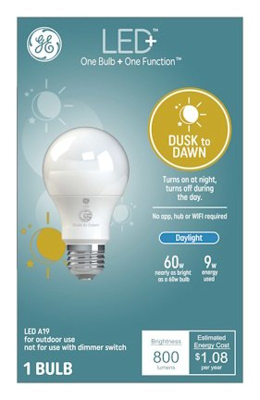GE GE 93128969 Dusk to Dawn LED Bulb, A19 Lamp, 60 W Equivalent, E24/E26 Medium Lamp Base, DayLight ELECTRICAL GE