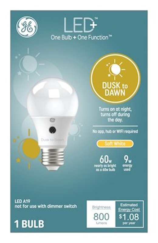 GE GE 93128970 Dusk-To-Dawn LED Bulb, A19 Lamp, 60 W Equivalent, E26/24 Medium Lamp Base, Non-Dimmable, Soft White Light
