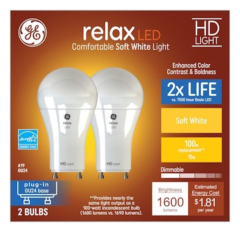 GE GE 93129020 LED Bulb, A19 Lamp, 100 W Equivalent, GU24 Lamp Base, Dimmable, Soft White Light, 2700 K Color Temp ELECTRICAL GE