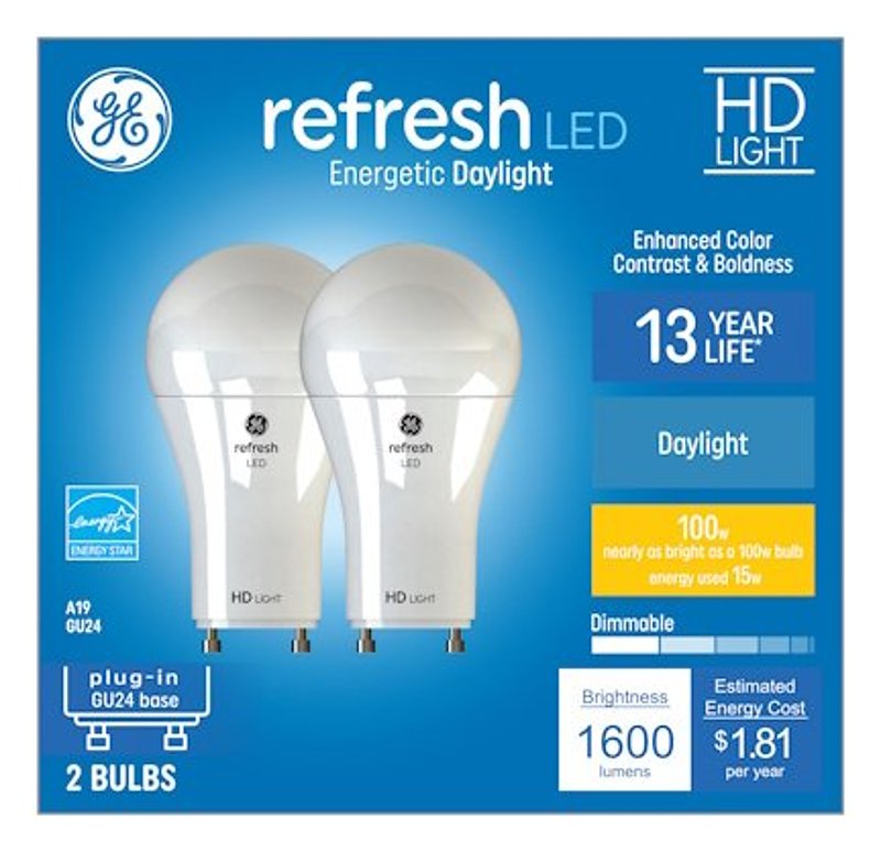 GE GE 93129021 LED Bulb, A19 Lamp, 100 W Equivalent, GU24 Lamp Base, Dimmable, DayLight, 5000 K Color Temp