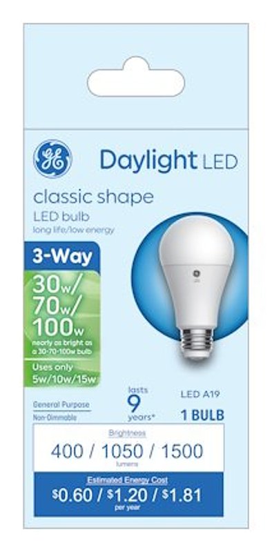 GE GE 93130565 LED Bulb, 3-Way, A19 Lamp, 30/70/100 W Equivalent, Medium Lamp Base, DayLight, 5000 K Color Temp