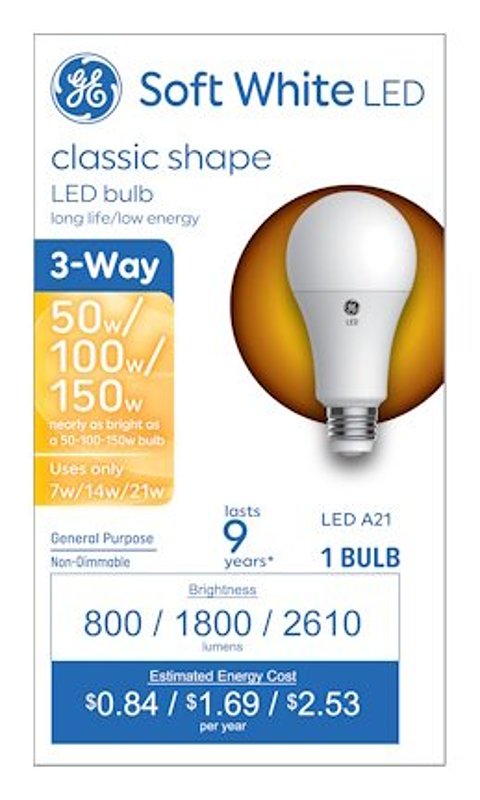 GE GE 93130567 LED Bulb, 3-Way, A21 Lamp, 50/100/150 W Equivalent, Medium Lamp Base, Soft White Light, 2700 K Color Temp