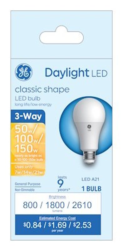 GE GE 93130569 LED Bulb, 3-Way, A21 Lamp, 50/100/150 W Equivalent, Medium Lamp Base, DayLight, 5000 K Color Temp