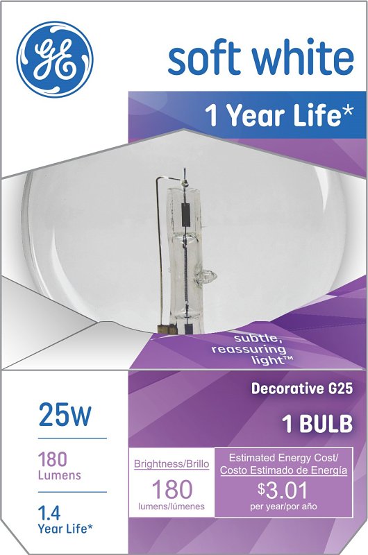 GE GE 12982 Light Bulb, CC-6 Filament, 3.12 in Dia x 4.5 in L Dimensions, 25 W, G25 Lamp, E26 Medium Lamp Base, 180 Lumens ELECTRICAL GE