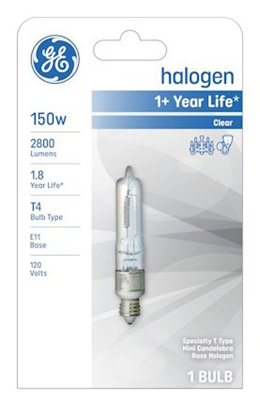 GE GE 19386 Halogen Bulb, 150 W, E11 Candelabra Lamp Base, T4 Lamp, White Light, 2800 Lumens, 2900 K Color Temp ELECTRICAL GE