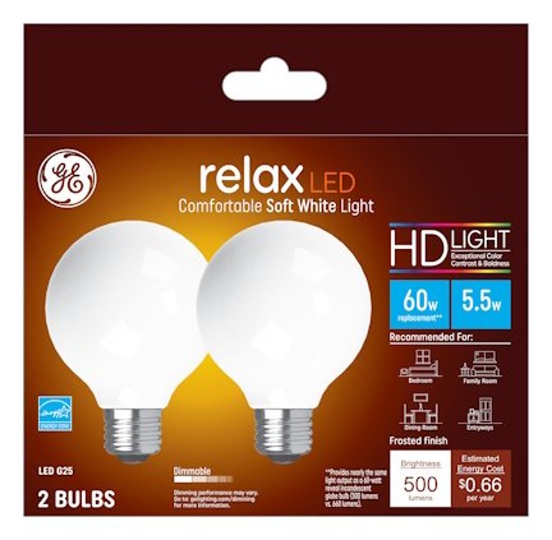 GE GE Relax Series 31696 Replacement LED Light Bulb, G25 Lamp, 60 W Equivalent, E26 Medium Lamp Base, Dimmable, White ELECTRICAL GE