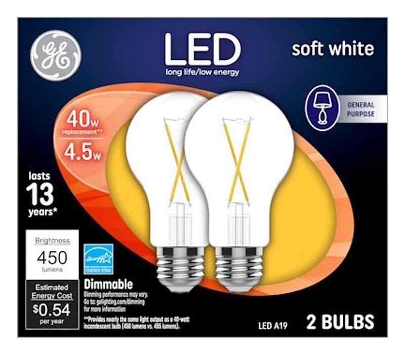 GE GE 37669 LED Bulb, General Purpose, A19 Lamp, 40 W Equivalent, E26 Lamp Base, Dimmable, Soft White Light