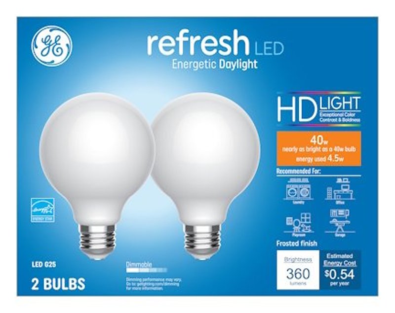 GE GE 47659 LED Bulb, Globe, 350 Lumens, 4.5 W, G25 Lamp, 40 W Equivalent, E26 Lamp Base, Dimmable, Daylight ELECTRICAL GE