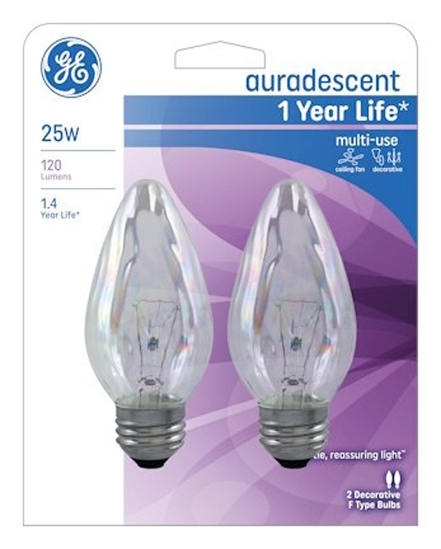 GE GE 75340 Ceiling Fan Bulb, 25 W, F15 Lamp, E26 Medium Lamp Base, 170 Lumens, Auradescent Light