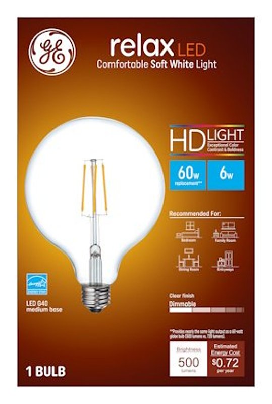 GE GE 93116239 LED Light Bulb, G40 Lamp, 60 W Equivalent, E26 Medium Lamp Base, Yes, Clear, Soft White Light